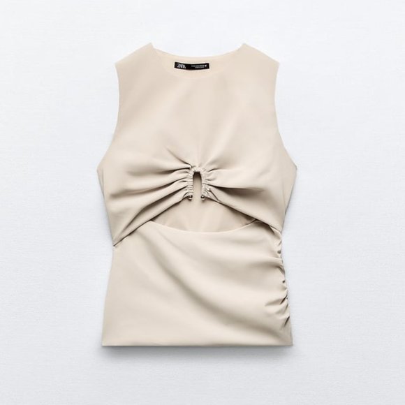 NWT CUT OUT ELASTIC BEIGE TOP - Picture 3 of 7